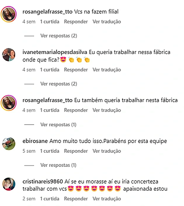 Comentários de pessoas querendo trabalhar na empresa da Simone - Indústria Têxtil